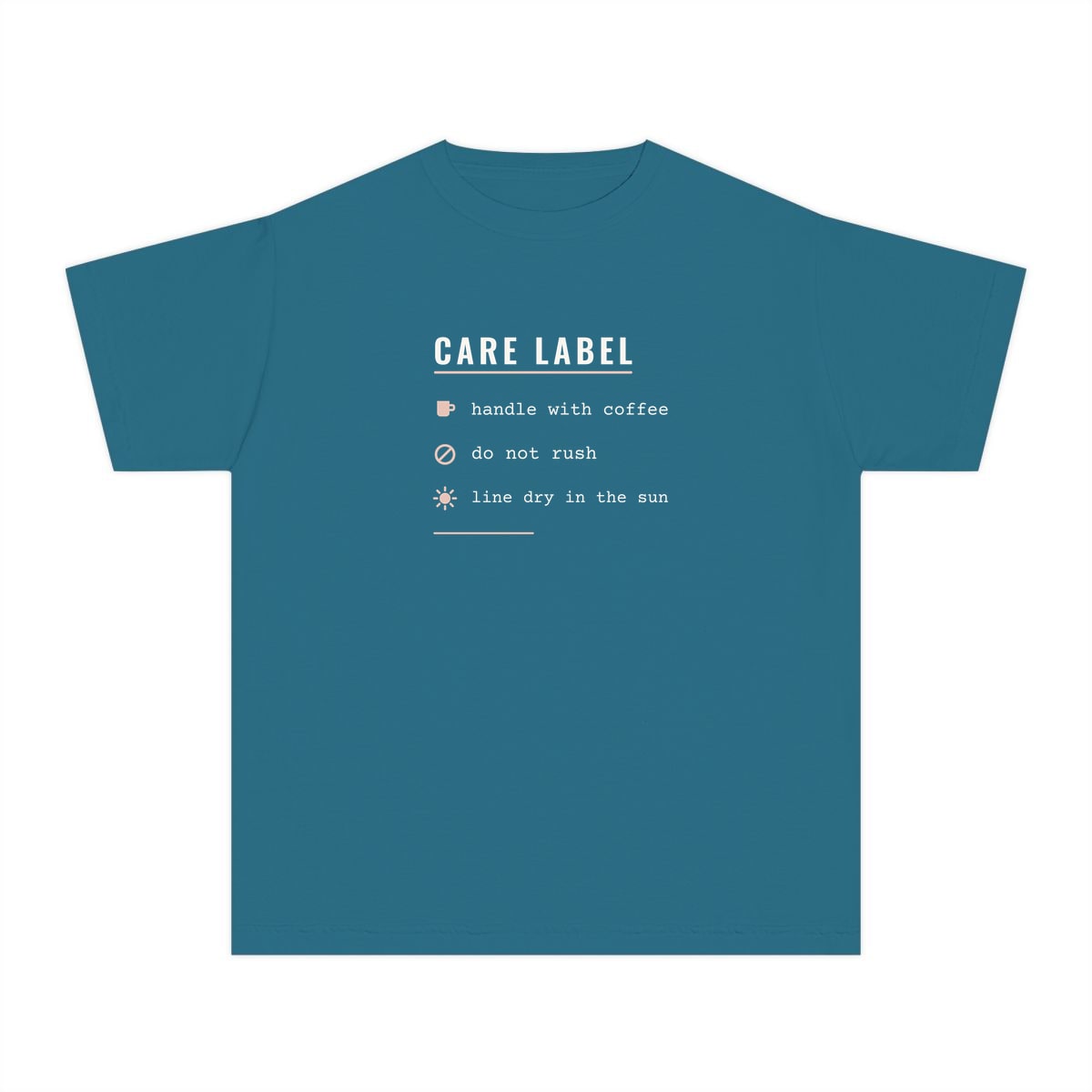Care Label, printed on a youth tee in Topaz Blue