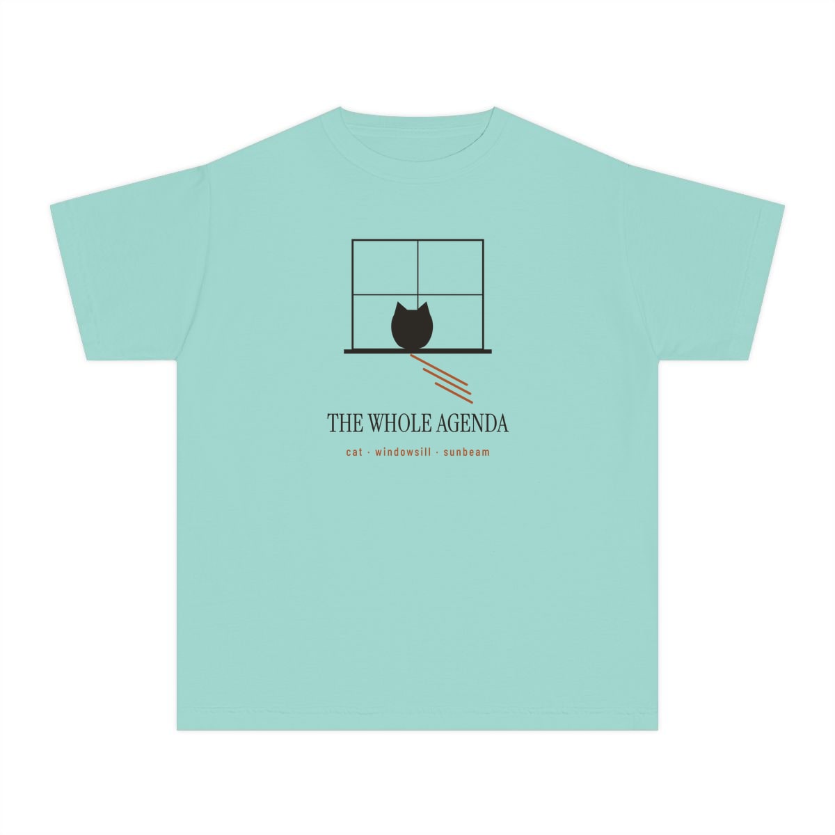 Cat, Windowsill, Sunbeam, printed on a youth tee in Chalky Mint