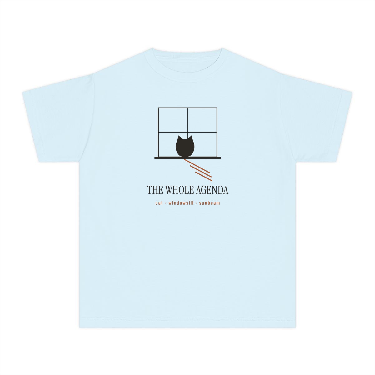 Cat, Windowsill, Sunbeam, printed on a youth tee in Chambray