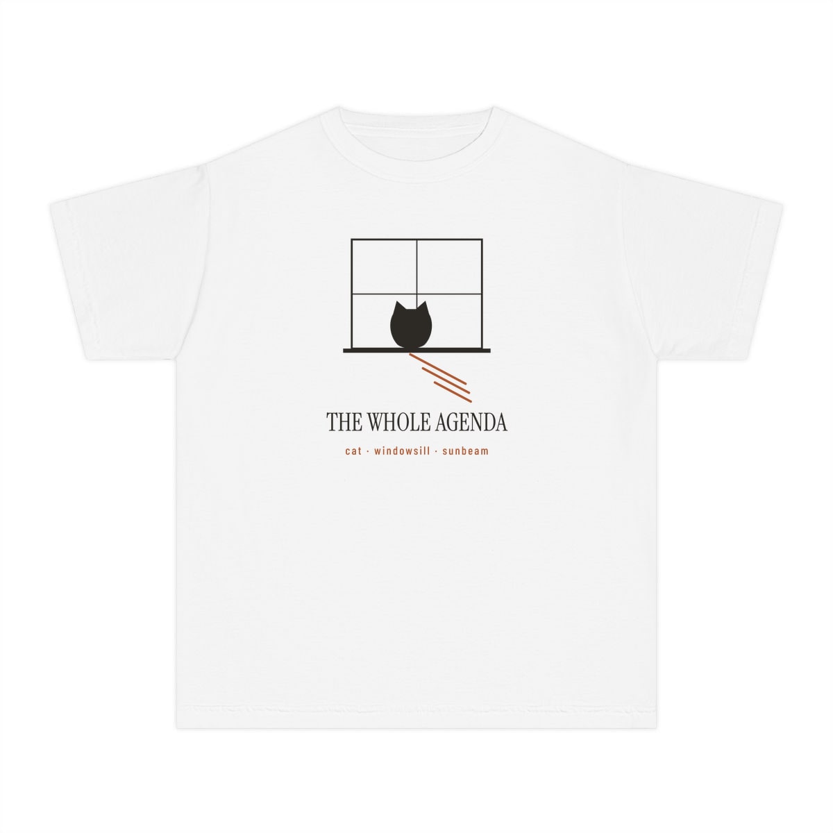 Cat, Windowsill, Sunbeam, printed on a youth tee in White