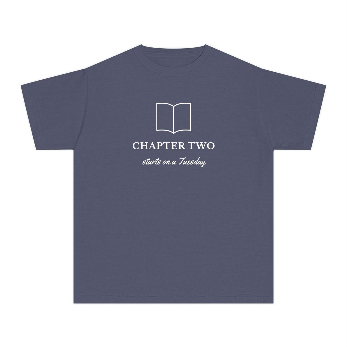 Chapter Two, printed on a youth tee in Denim