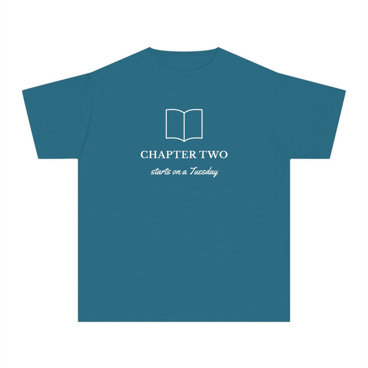 Chapter Two, printed on a youth tee in Topaz Blue