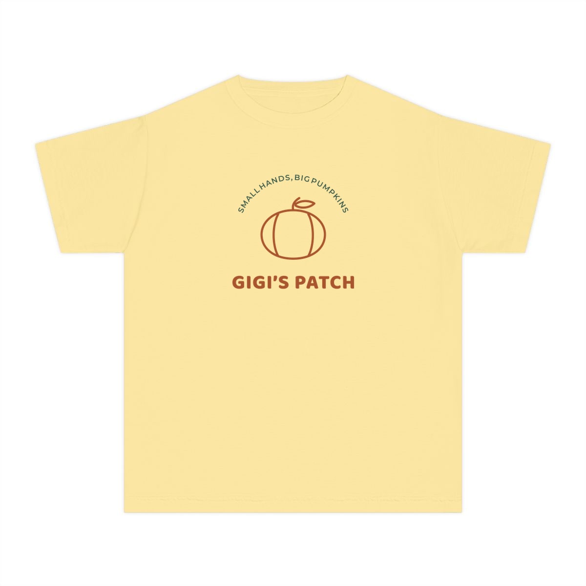 Gigi’s Pumpkin Patch, printed on a youth tee in Butter