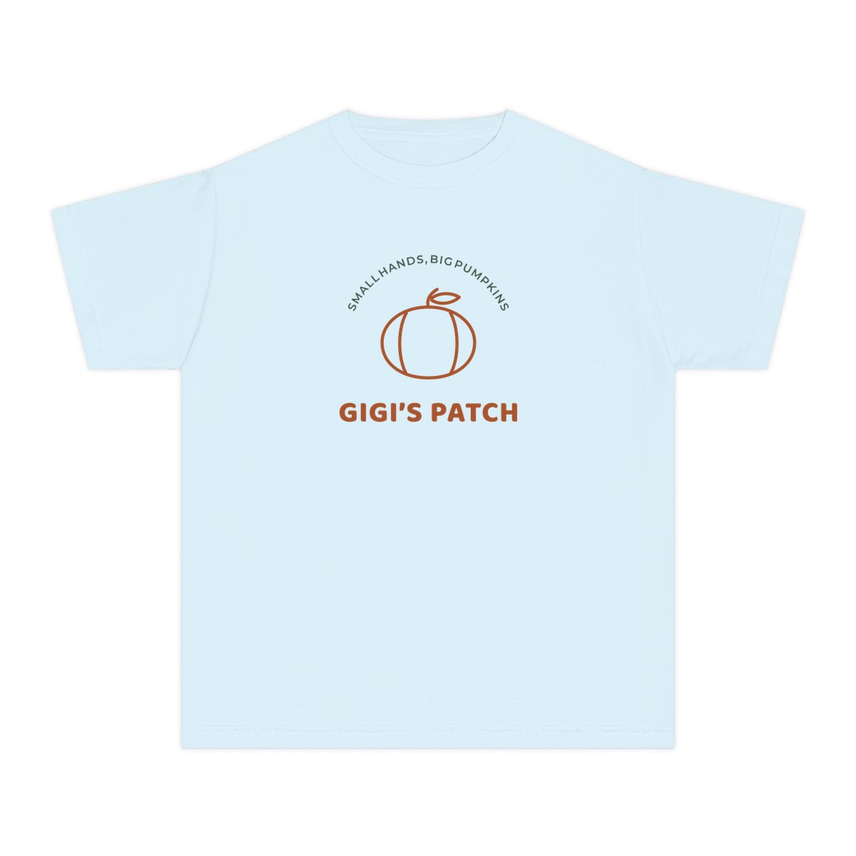 Gigi’s Pumpkin Patch, printed on a youth tee in Chambray