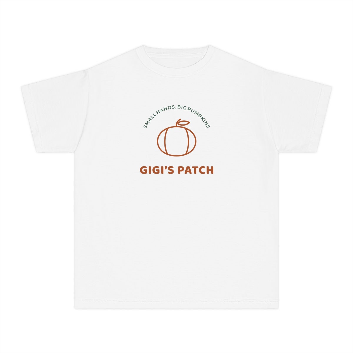 Gigi’s Pumpkin Patch, printed on a youth tee in White