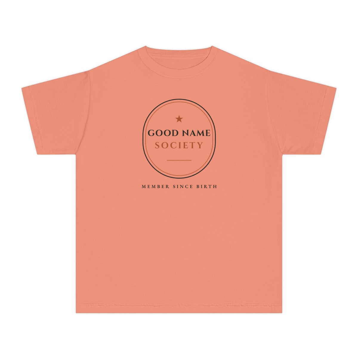 Good Name Society, printed on a youth tee in Terracotta