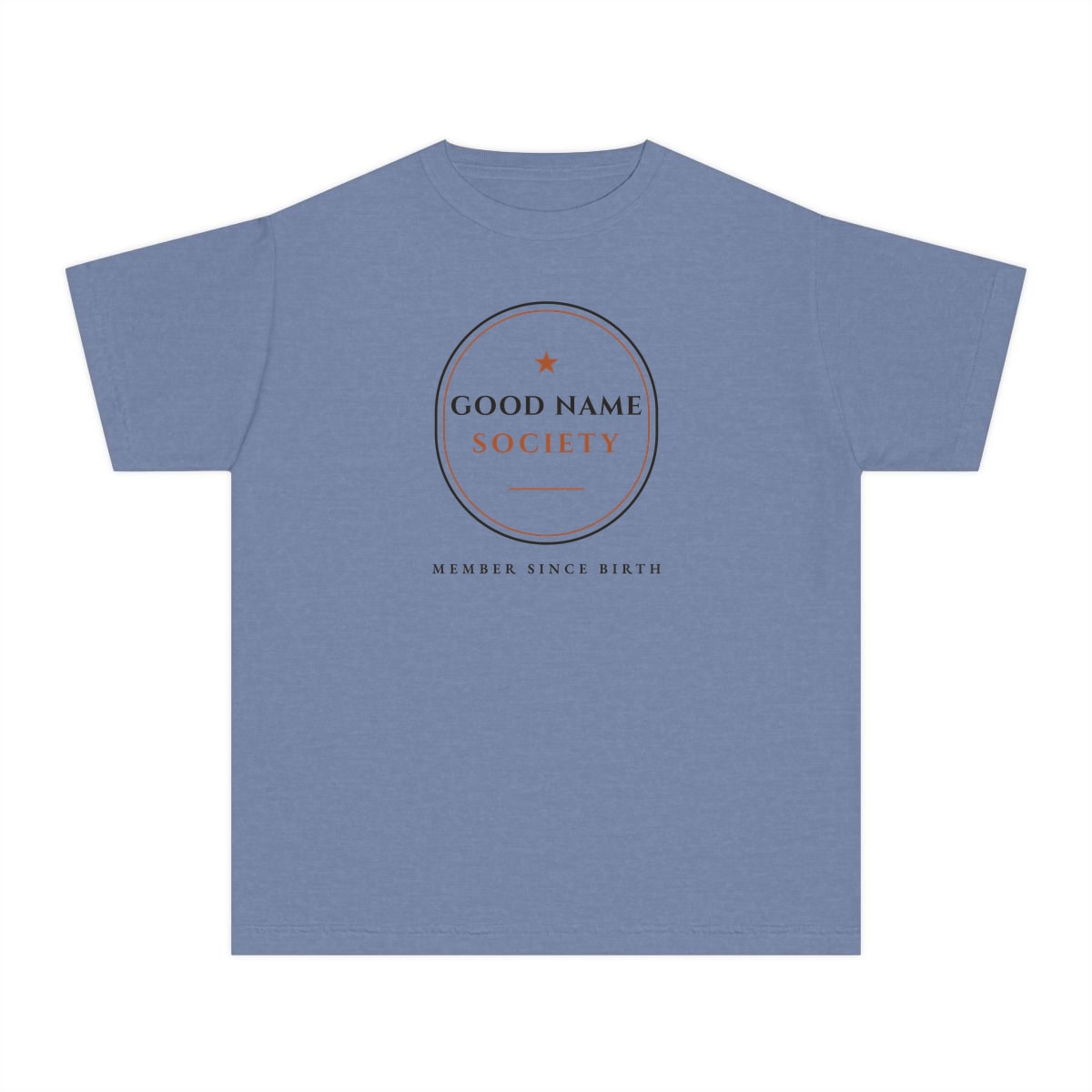 Good Name Society, printed on a youth tee in Washed Denim