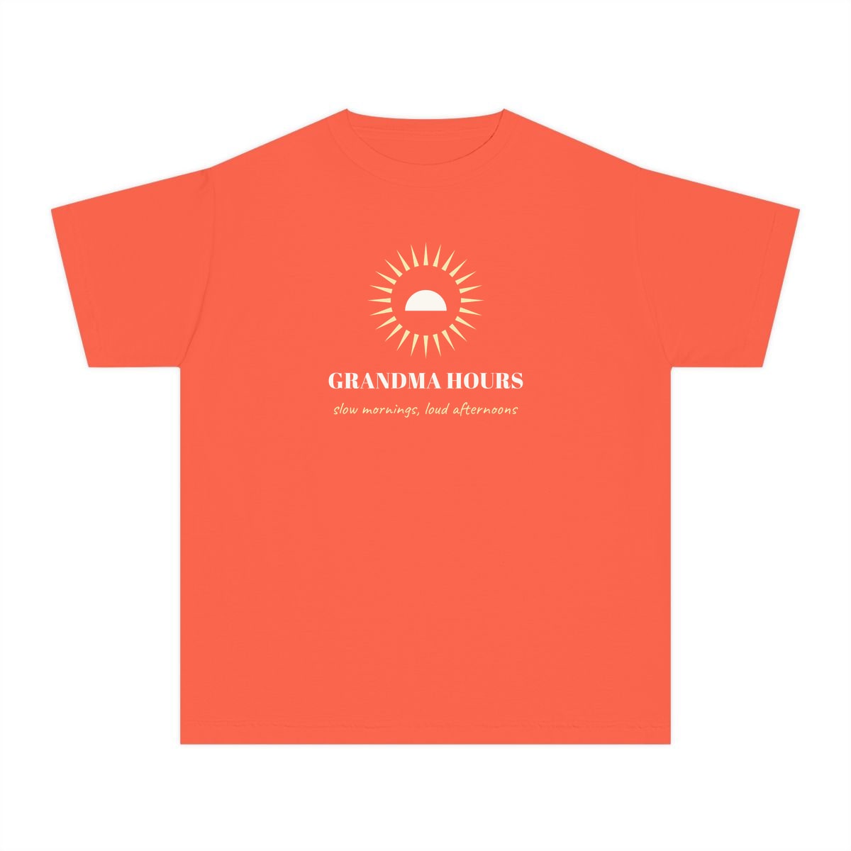 Grandma Hours, printed on a youth tee in Bright Salmon