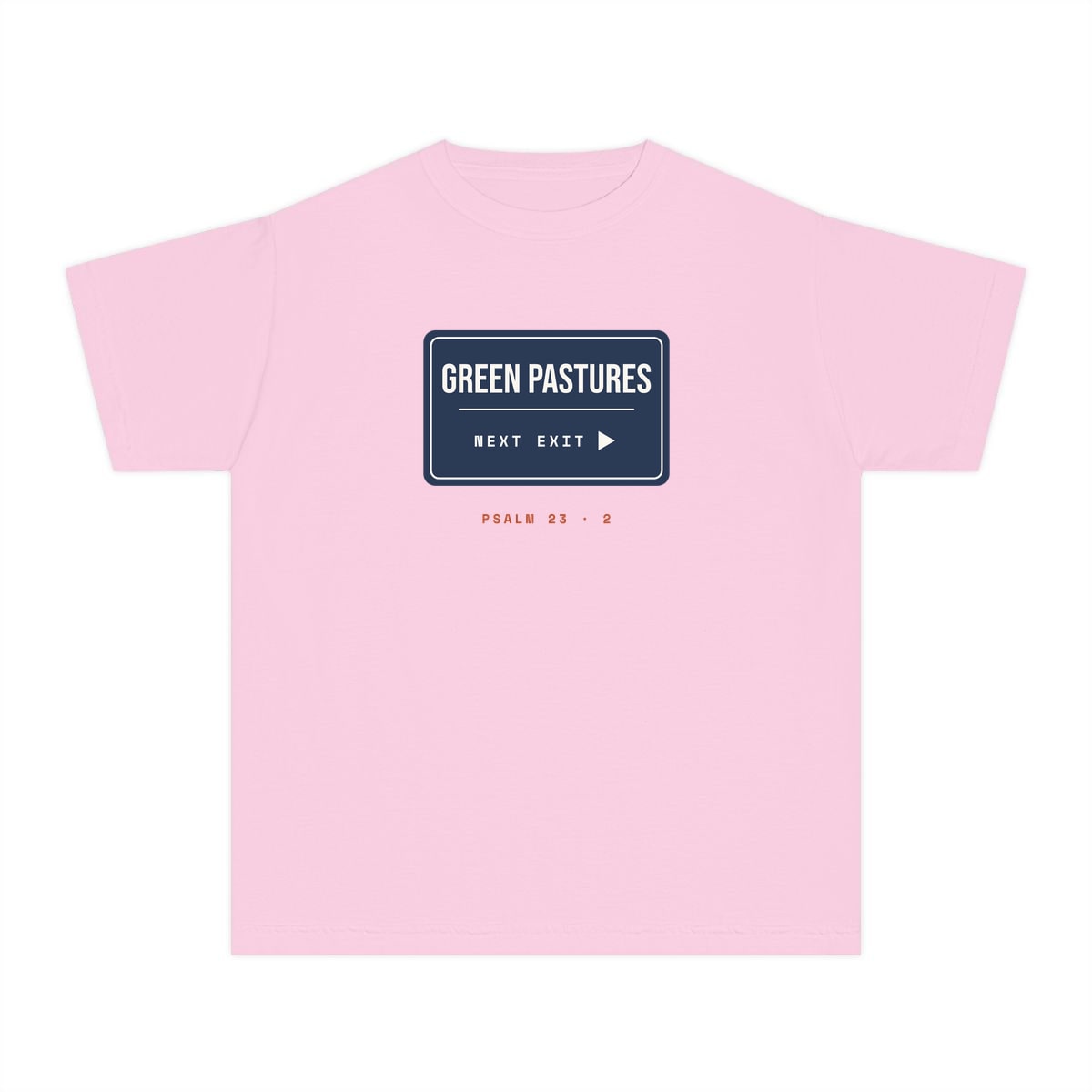 Green Pastures, Next Exit, printed on a youth tee in Blossom