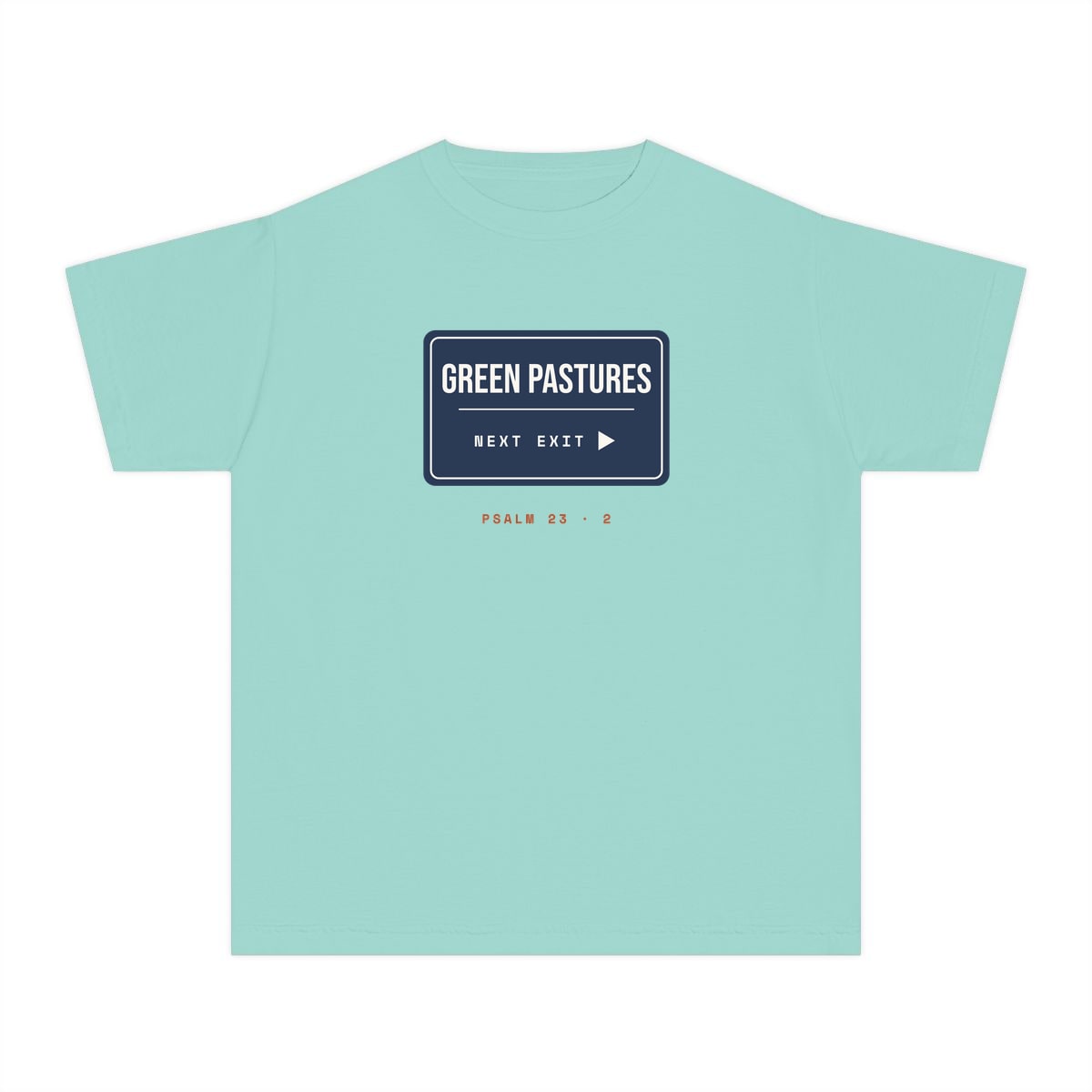 Green Pastures, Next Exit, printed on a youth tee in Chalky Mint