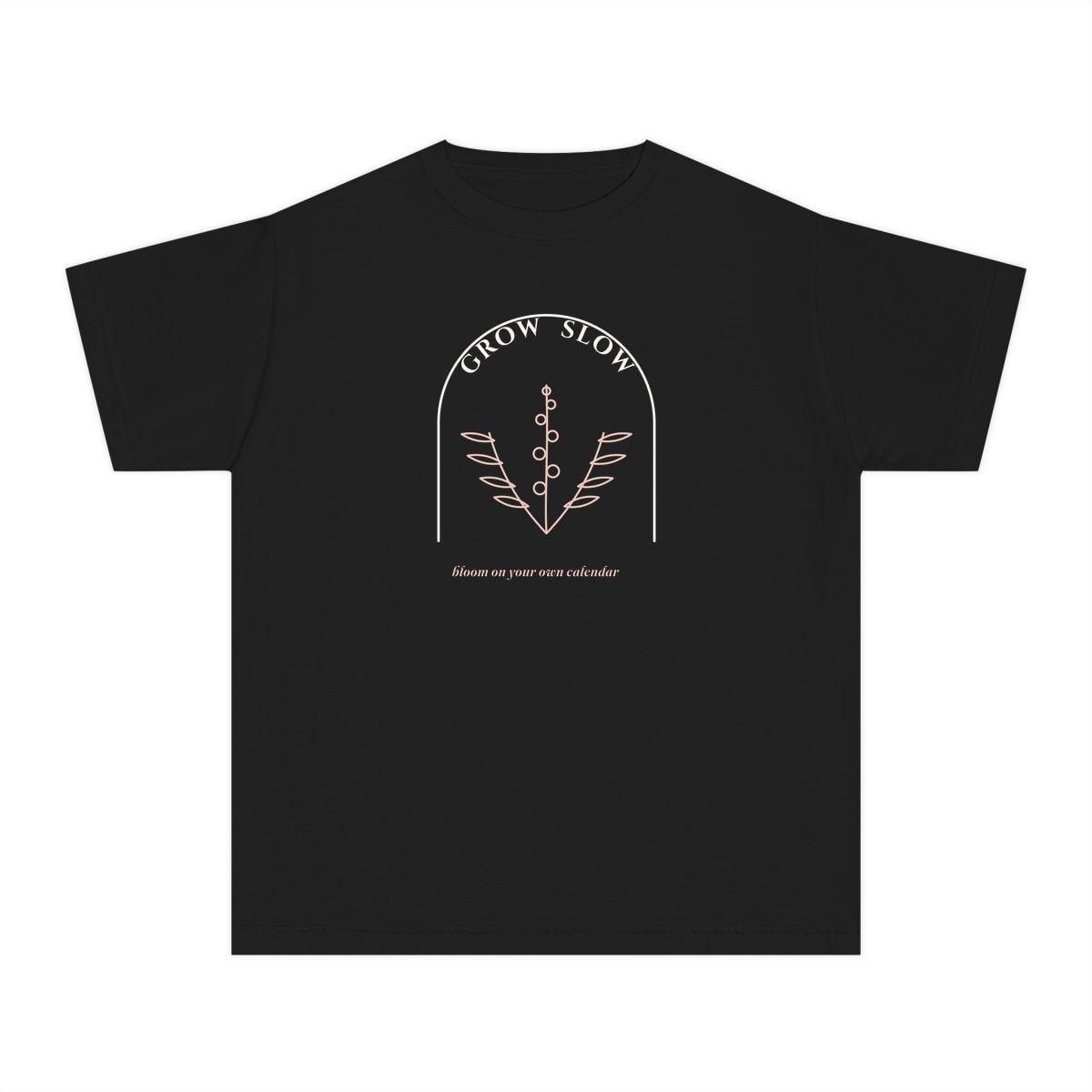 Grow Slow Arch, printed on a youth tee in Black
