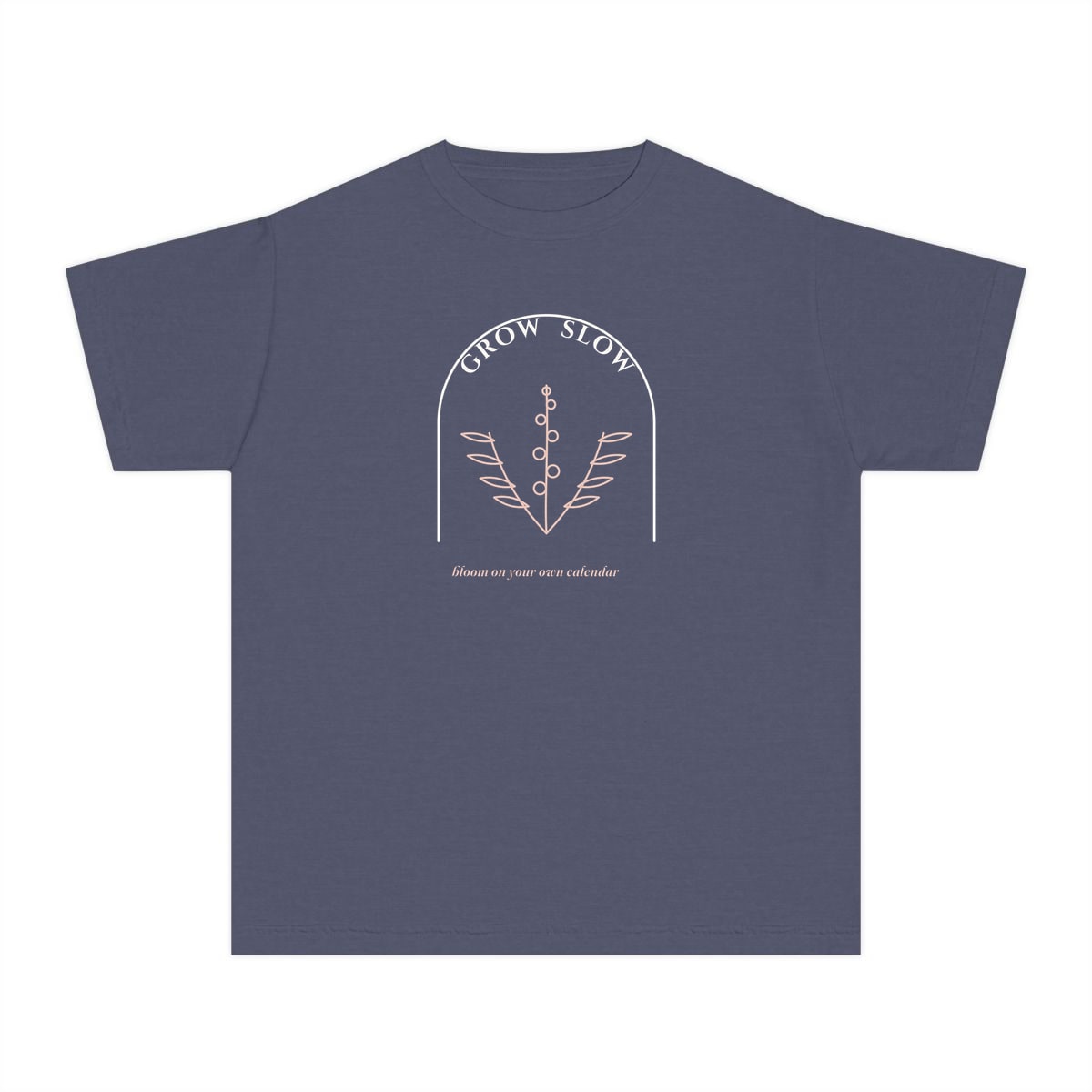 Grow Slow Arch, printed on a youth tee in Denim