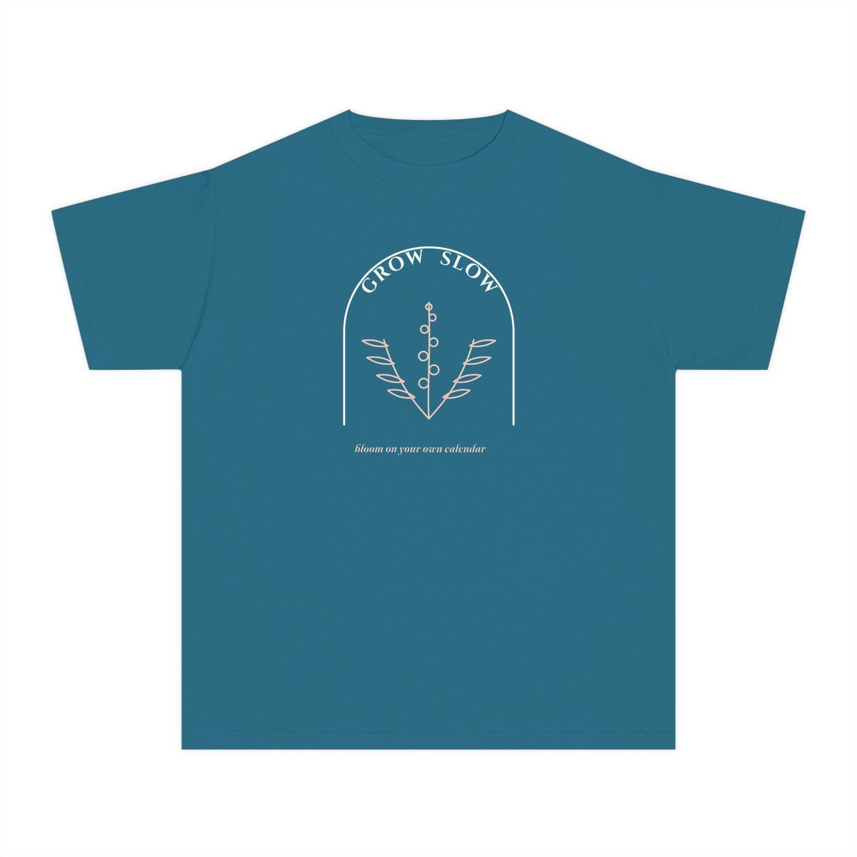 Grow Slow Arch, printed on a youth tee in Topaz Blue