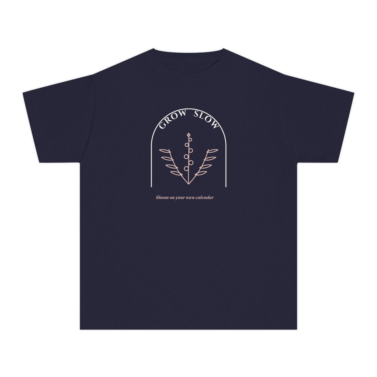 Grow Slow Arch, printed on a youth tee in True Navy