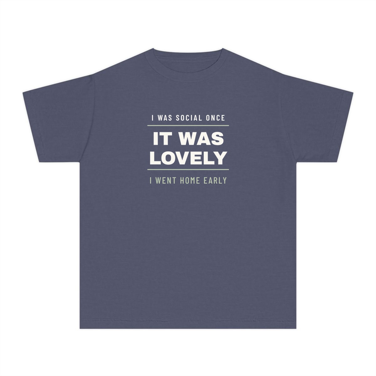 I Was Social Once, printed on a youth tee in Denim