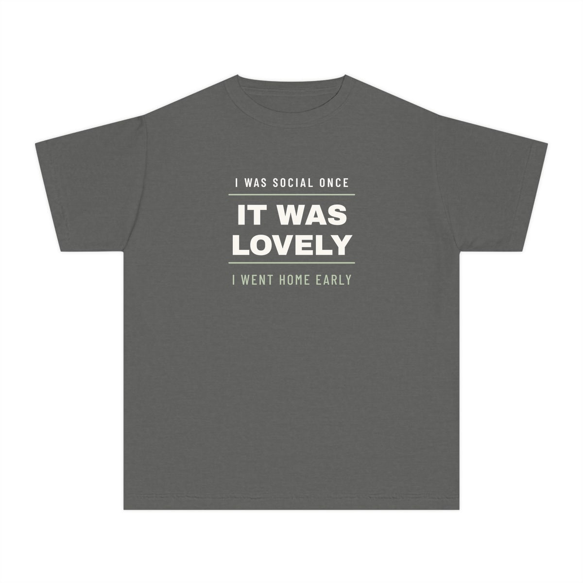 I Was Social Once, printed on a youth tee in Pepper