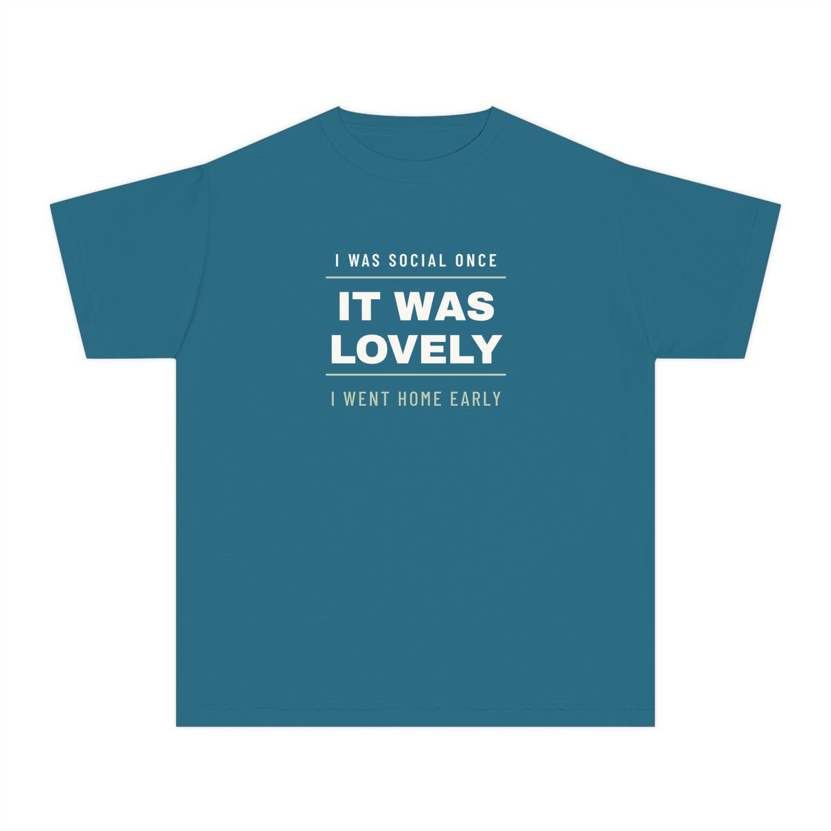 I Was Social Once, printed on a youth tee in Topaz Blue