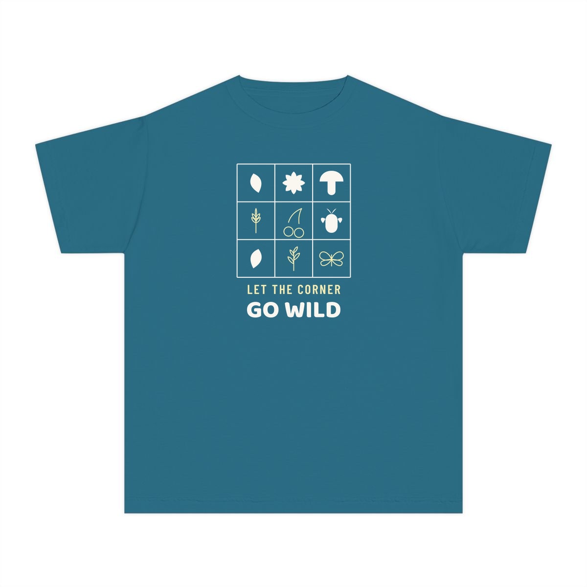 Let The Corner Go Wild, printed on a youth tee in Topaz Blue