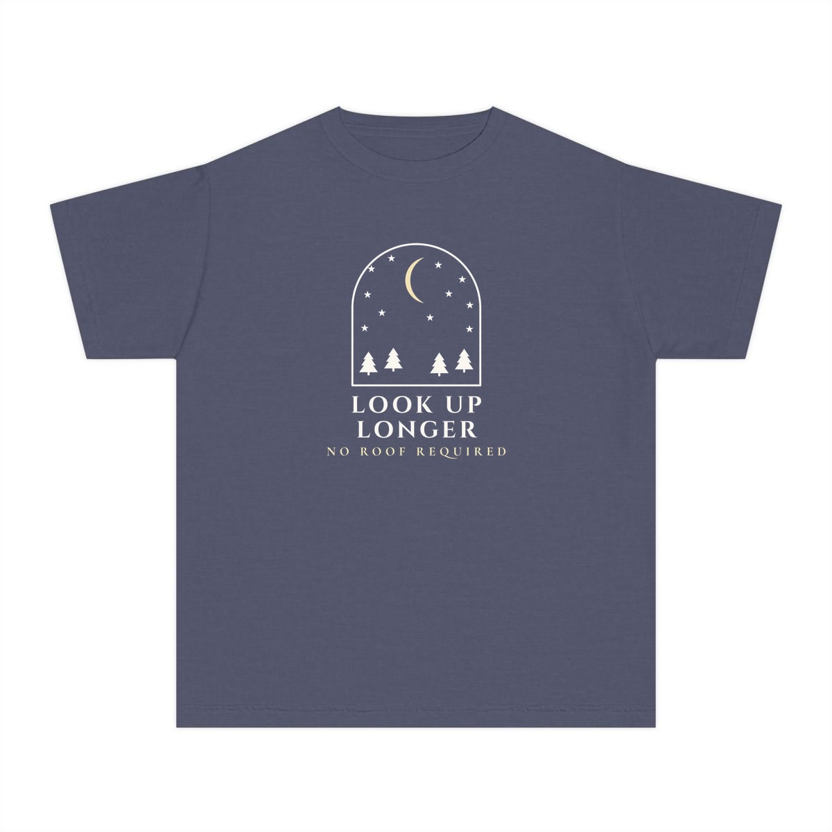 Look Up Longer, printed on a youth tee in Denim