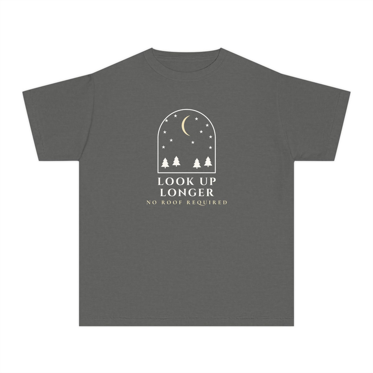 Look Up Longer, printed on a youth tee in Pepper