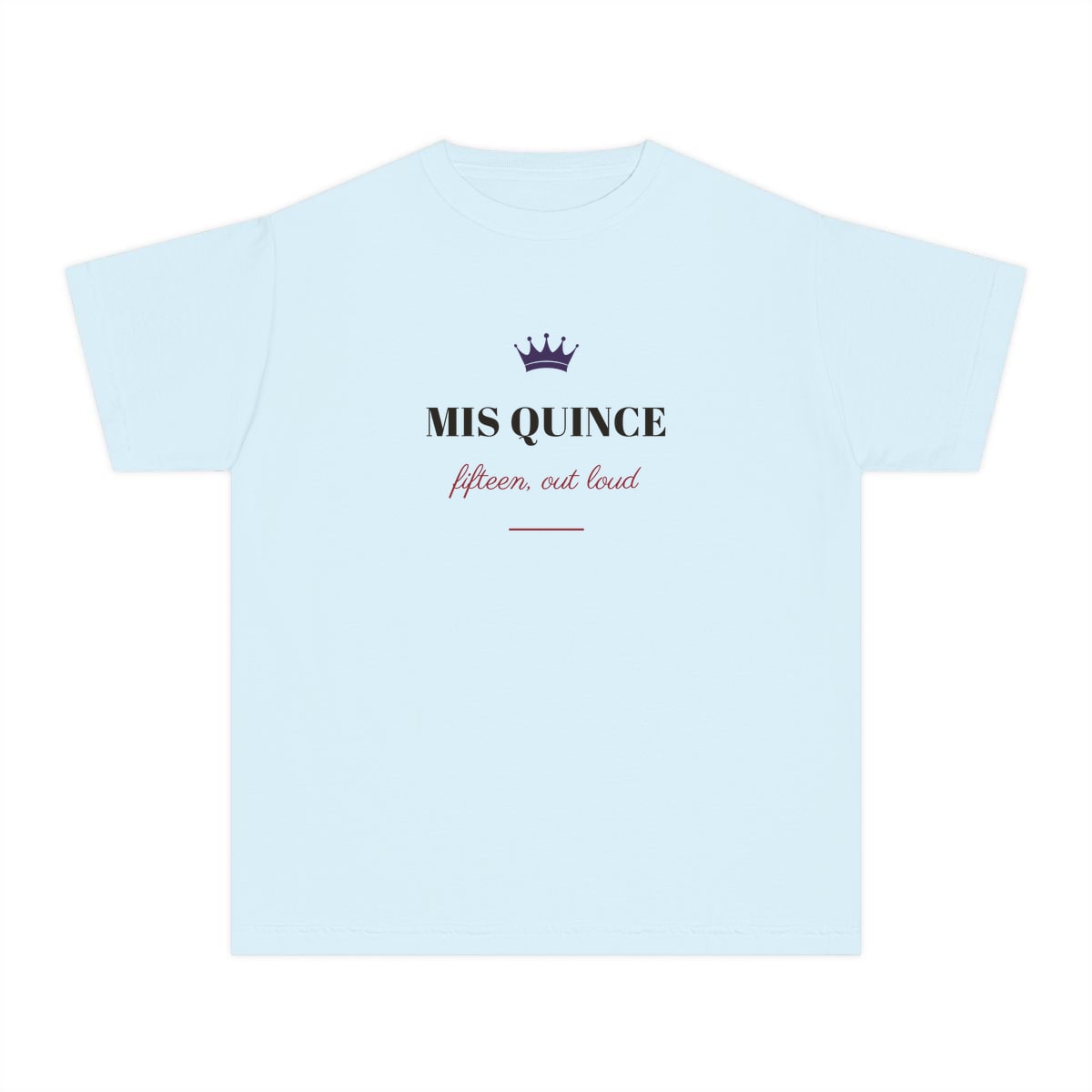 Mis Quince, printed on a youth tee in Chambray