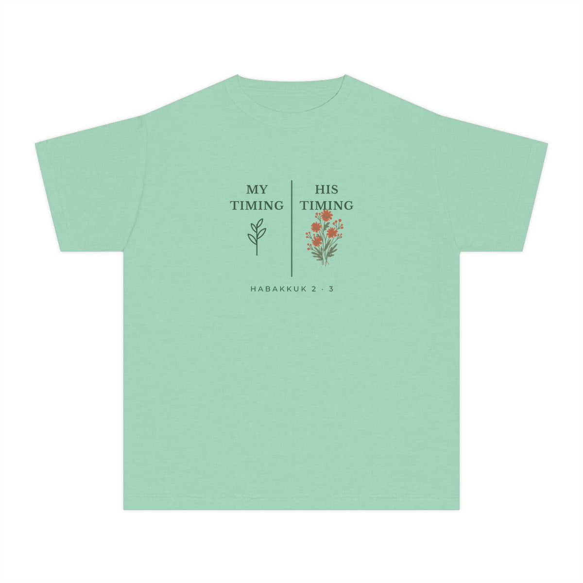 My Timing, His Timing, printed on a youth tee in Island Reef