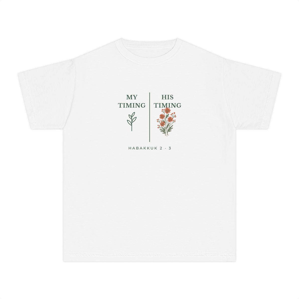 My Timing, His Timing, printed on a youth tee in White