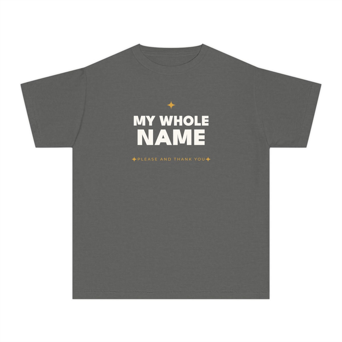 My Whole Name, printed on a youth tee in Pepper