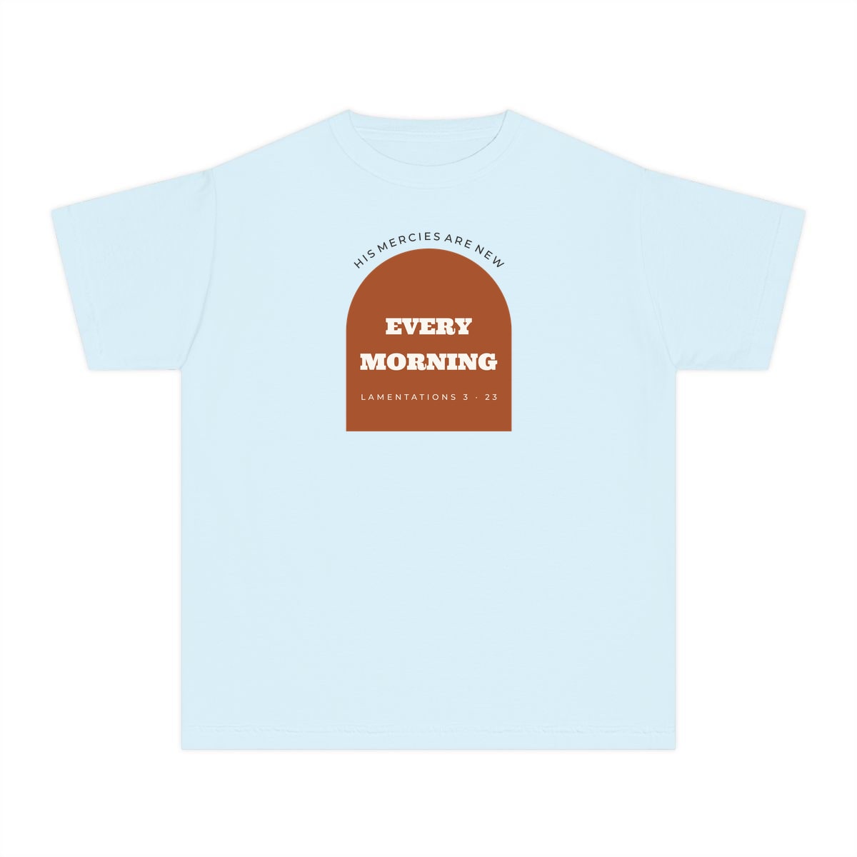 New Every Morning Arch, printed on a youth tee in Chambray