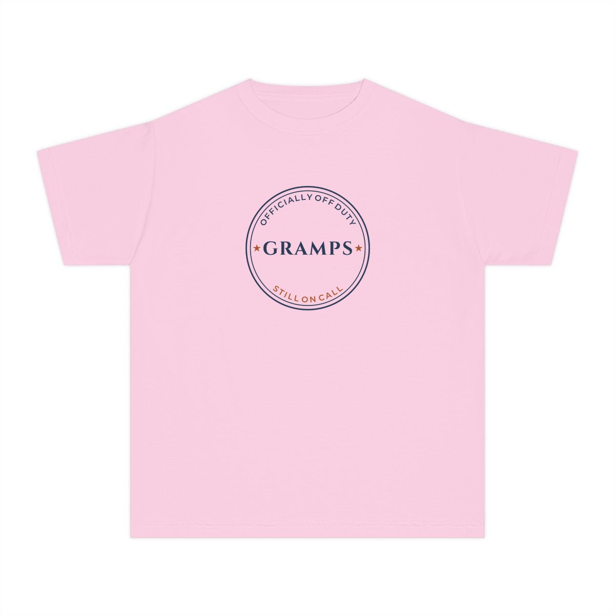 Off Duty, Still On Call, printed on a youth tee in Blossom