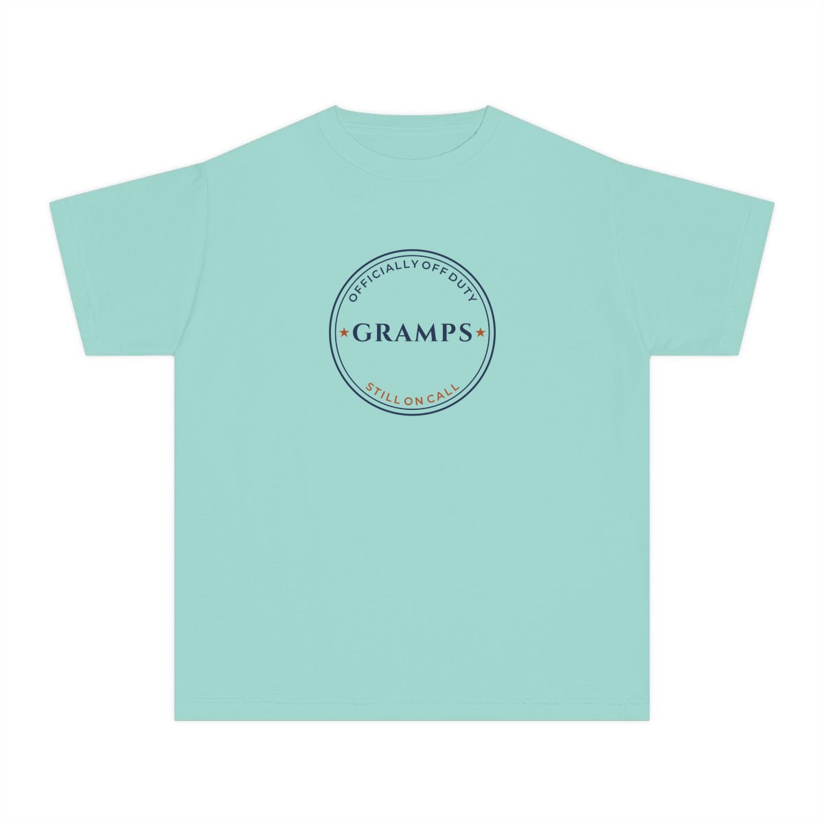 Off Duty, Still On Call, printed on a youth tee in Chalky Mint