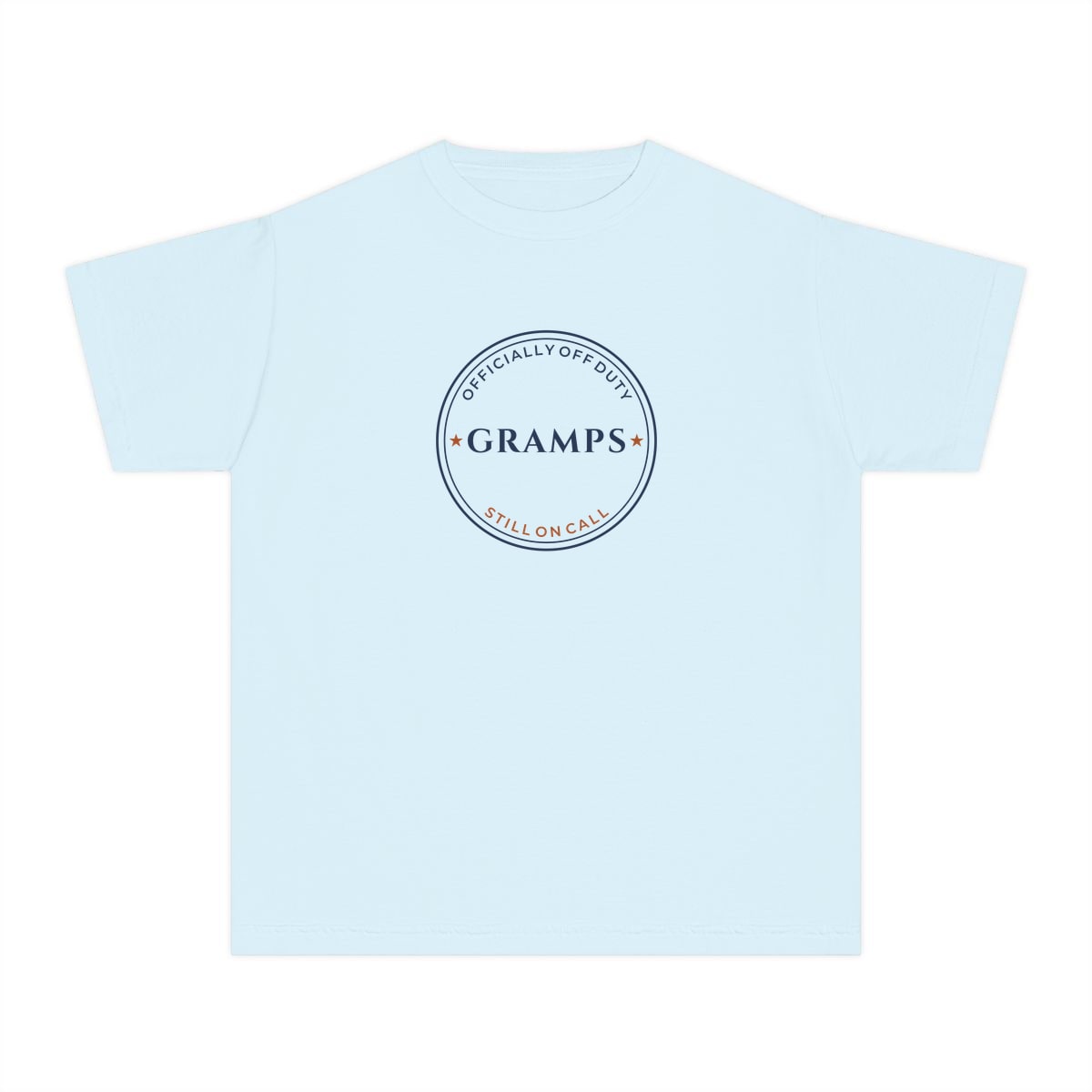 Off Duty, Still On Call, printed on a youth tee in Chambray
