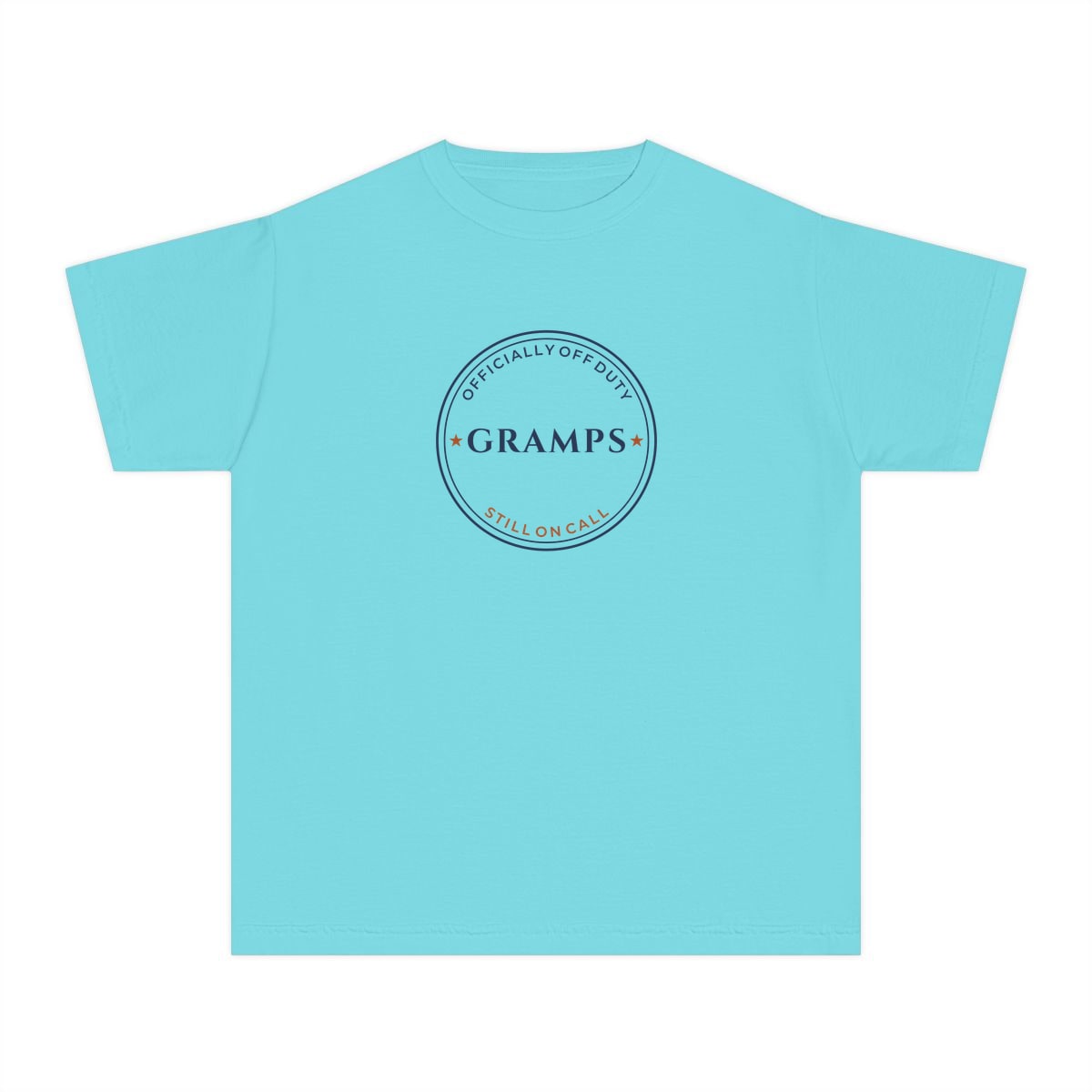 Off Duty, Still On Call, printed on a youth tee in Lagoon Blue