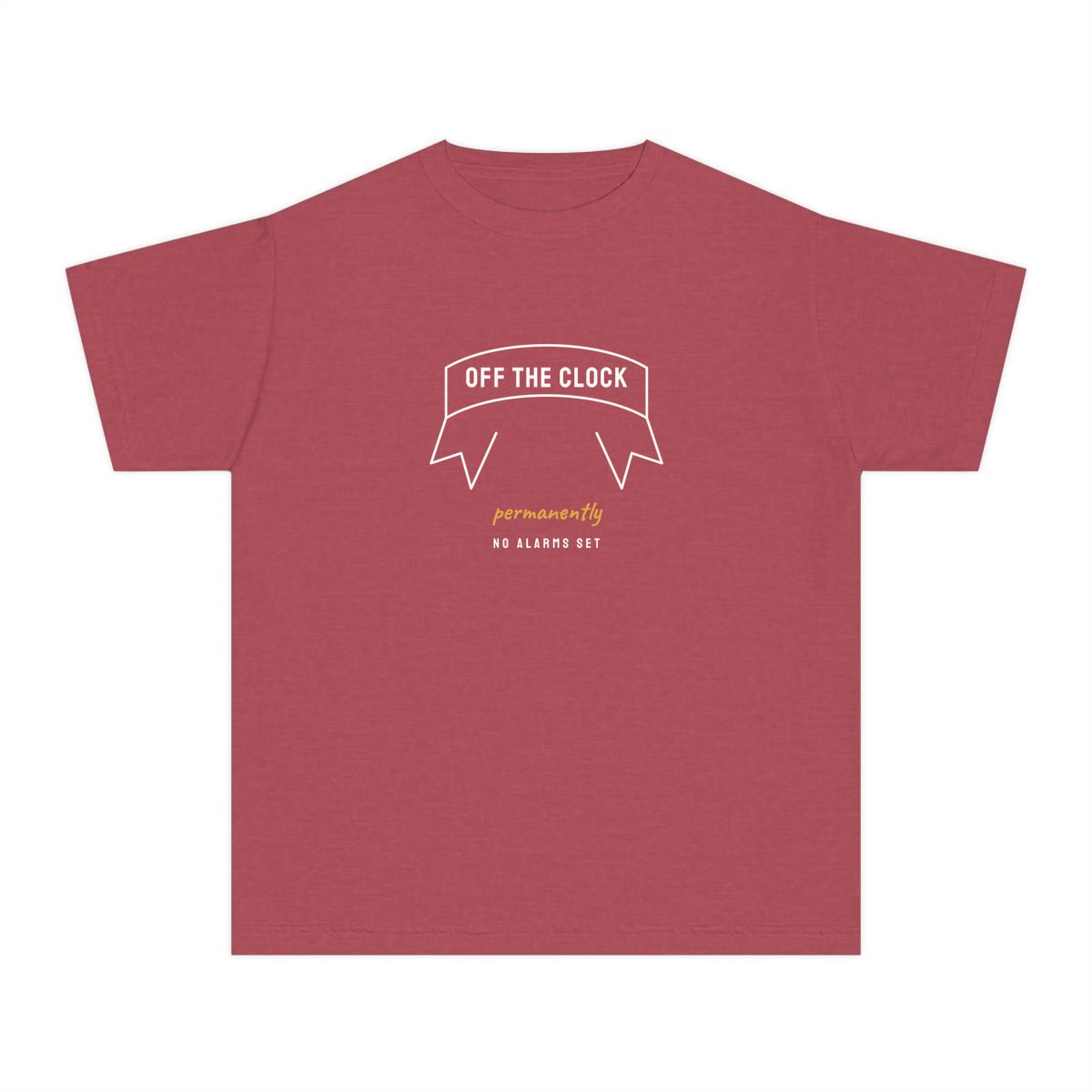 Off The Clock, printed on a youth tee in Crimson