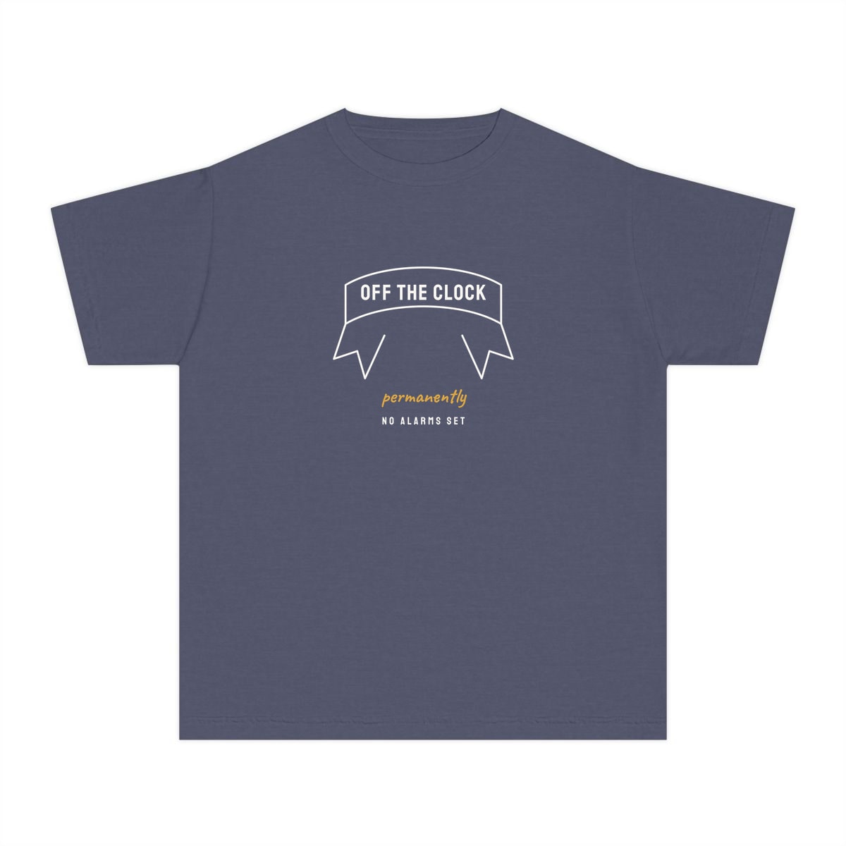 Off The Clock, printed on a youth tee in Denim