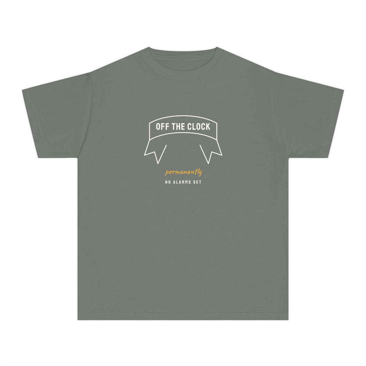 Off The Clock, printed on a youth tee in Grey