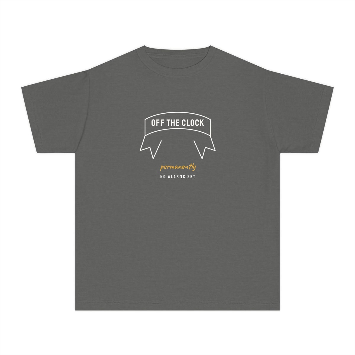 Off The Clock, printed on a youth tee in Pepper
