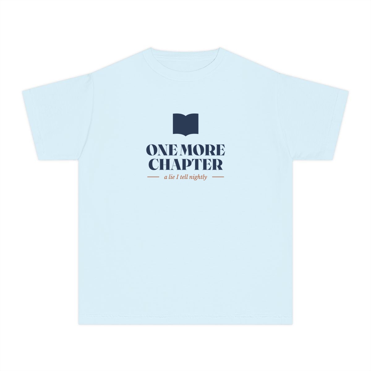 One More Chapter, printed on a youth tee in Chambray