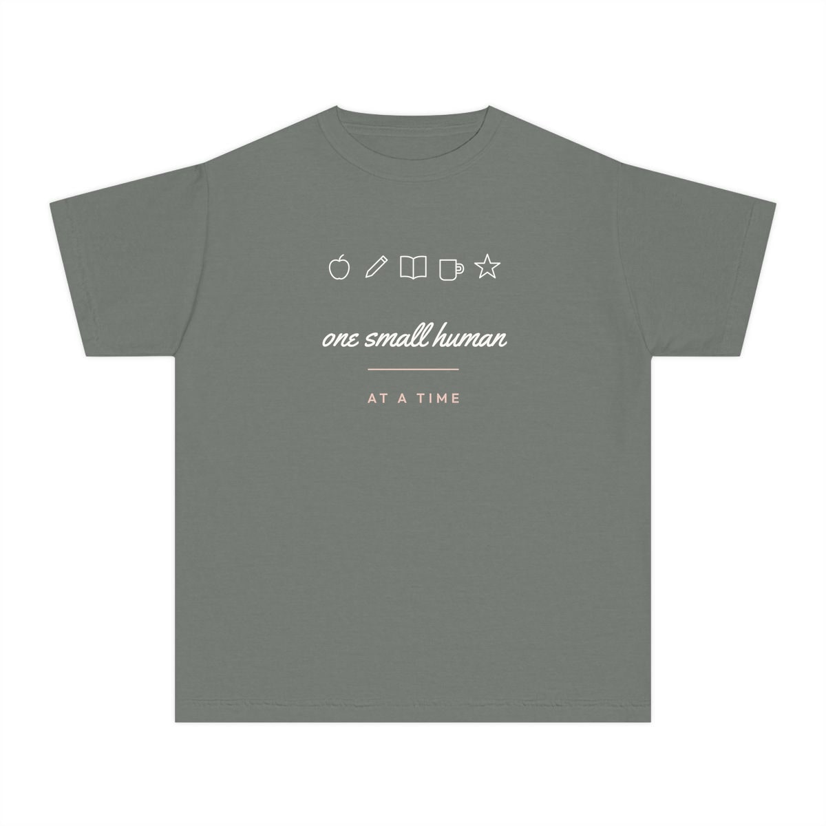 One Small Human At A Time, printed on a youth tee in Grey