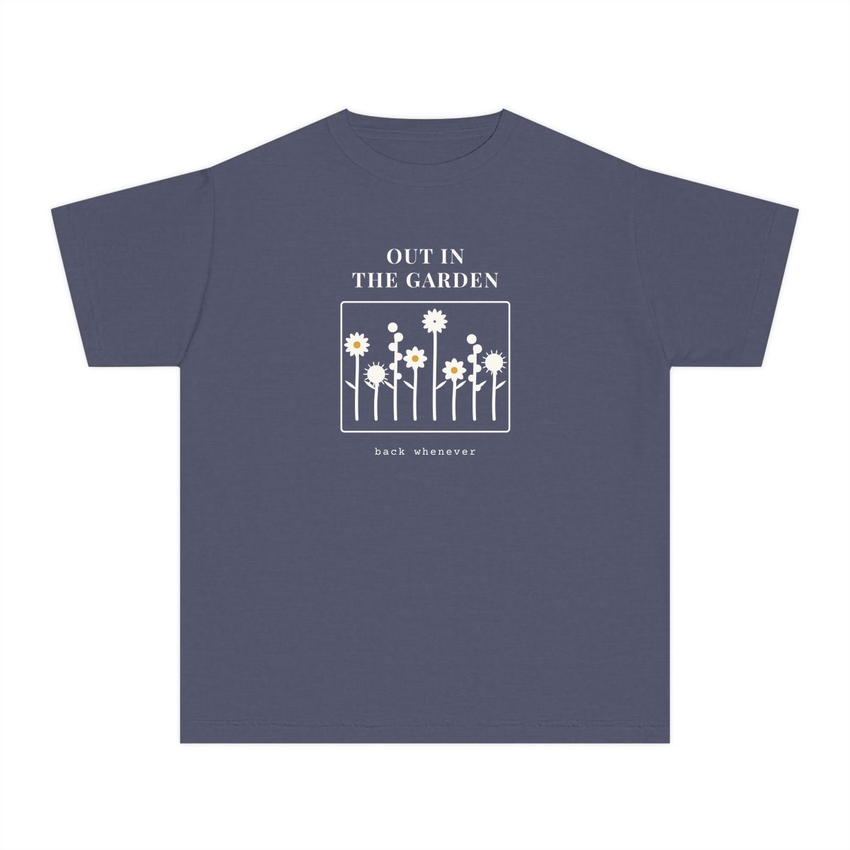 Out In The Garden, printed on a youth tee in Denim
