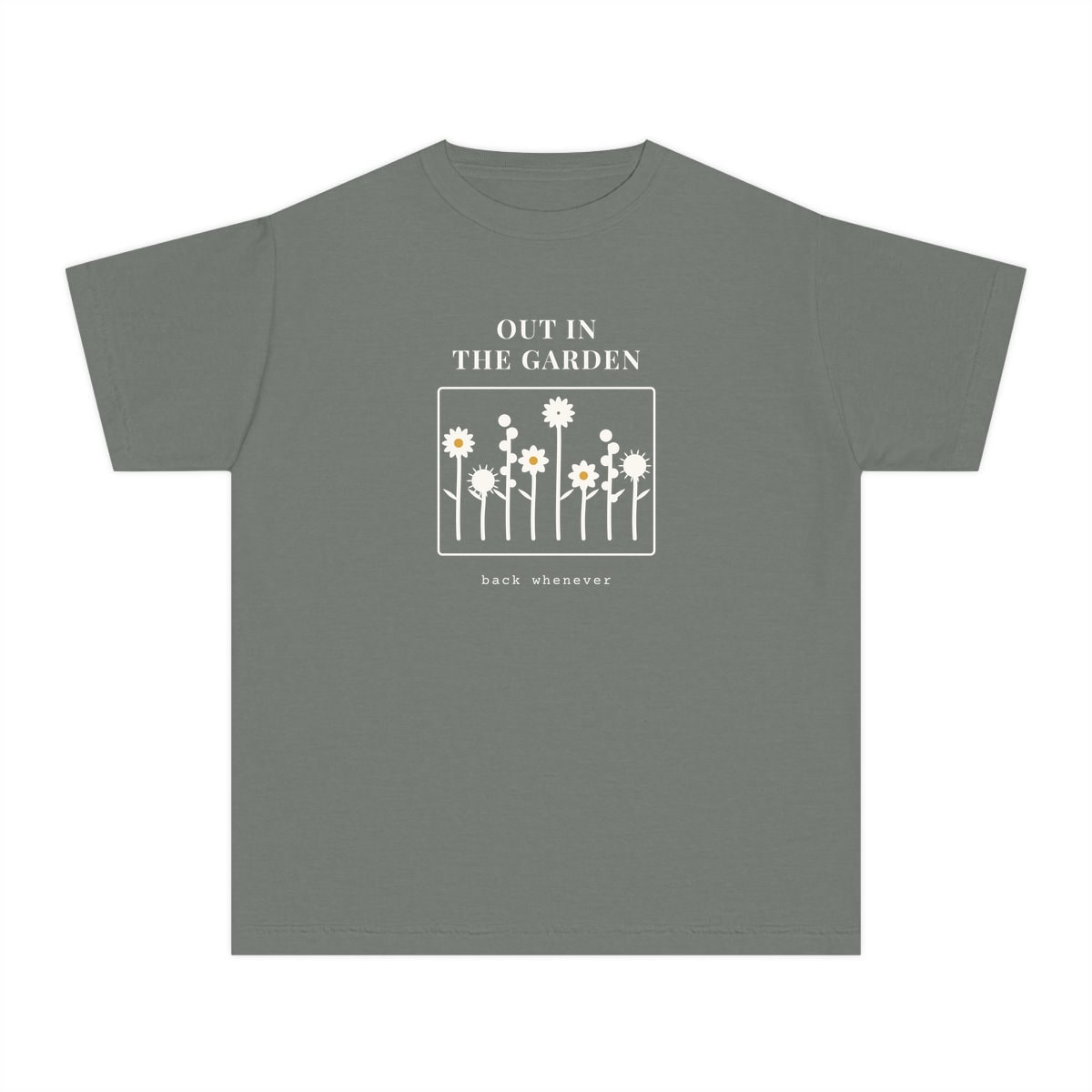 Out In The Garden, printed on a youth tee in Grey