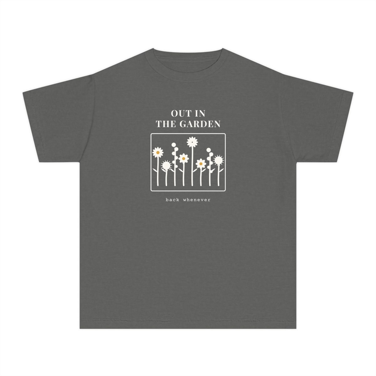 Out In The Garden, printed on a youth tee in Pepper