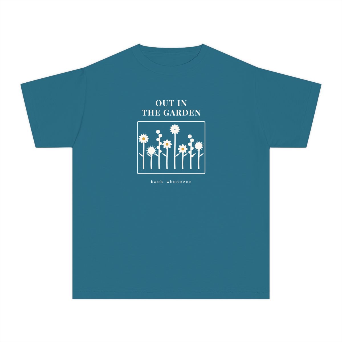 Out In The Garden, printed on a youth tee in Topaz Blue