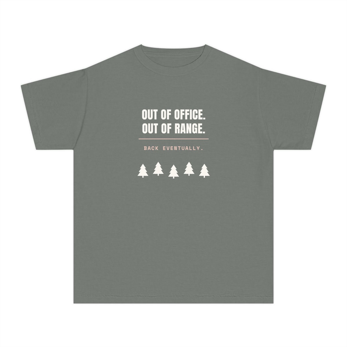 Out Of Office, Out Of Range, printed on a youth tee in Grey