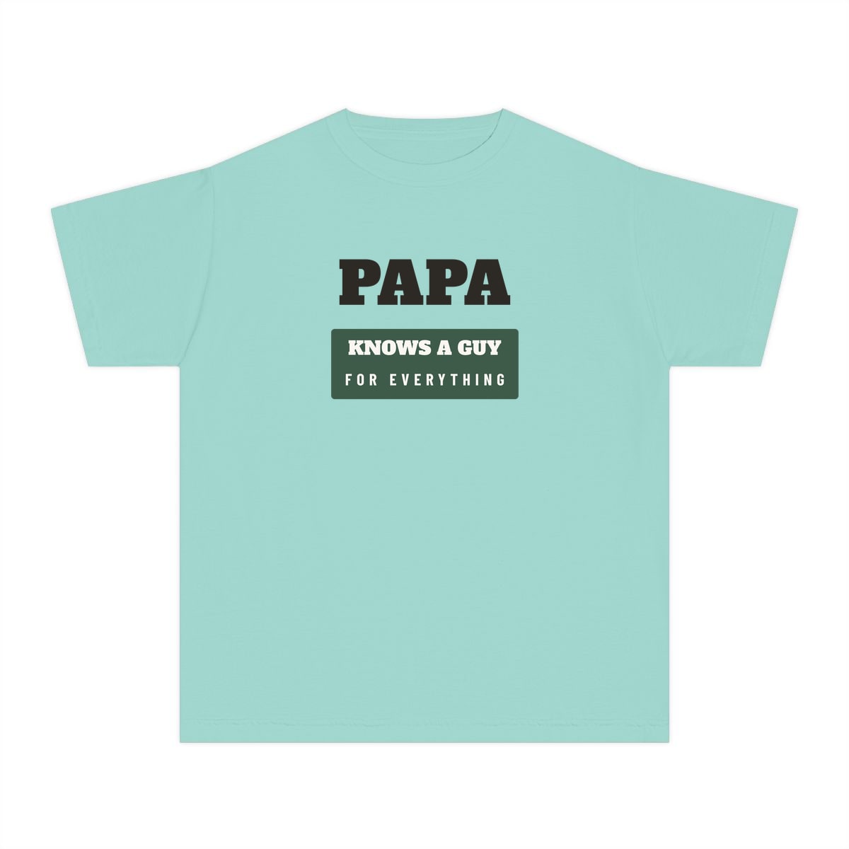 Papa Knows A Guy, printed on a youth tee in Chalky Mint