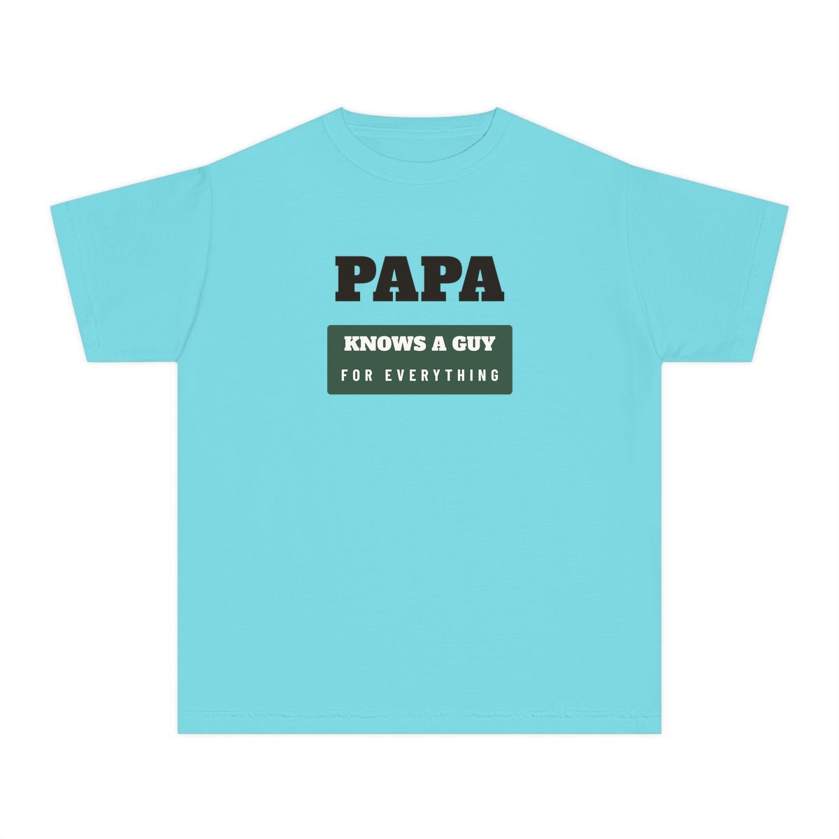 Papa Knows A Guy, printed on a youth tee in Lagoon Blue