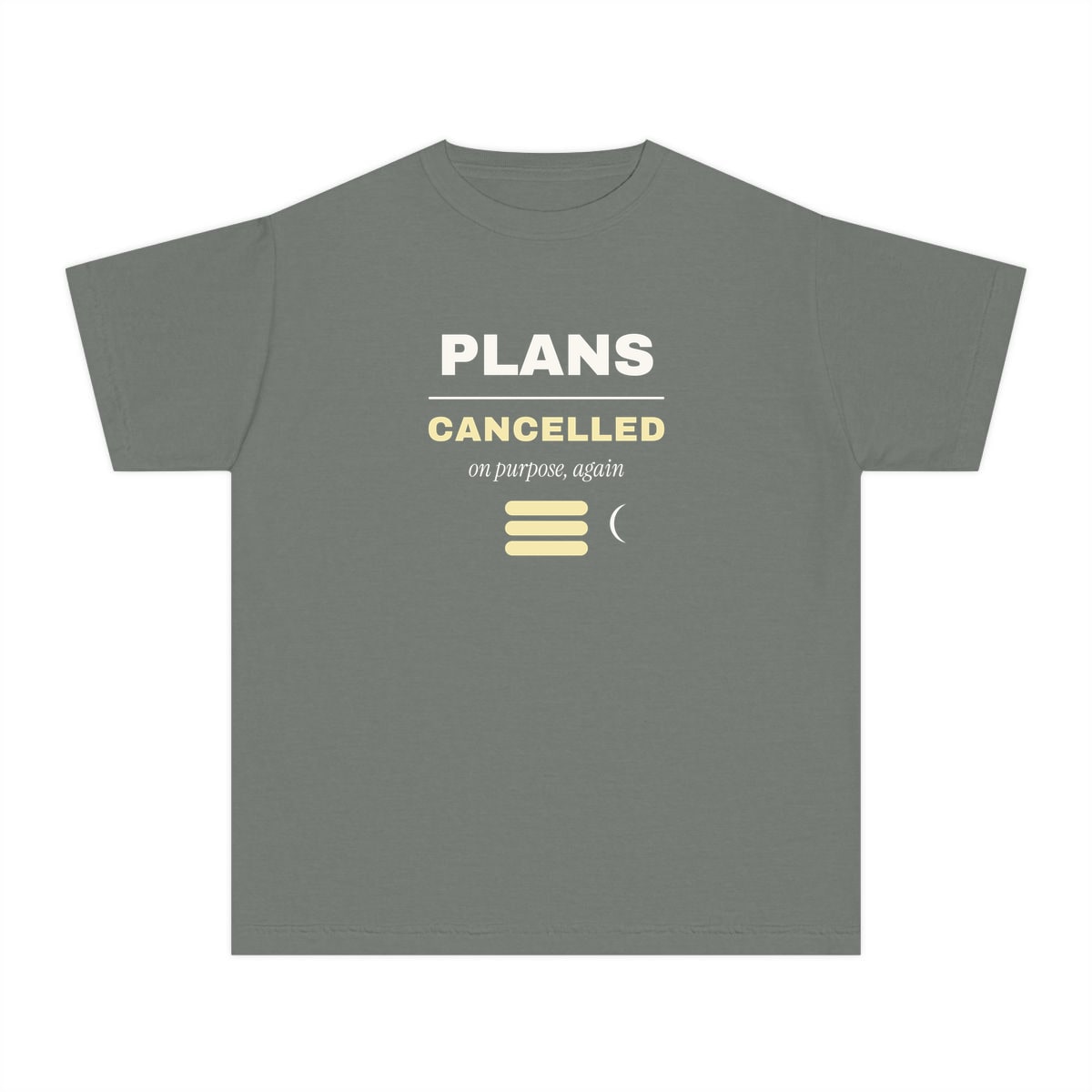 Plans Cancelled, On Purpose, printed on a youth tee in Grey