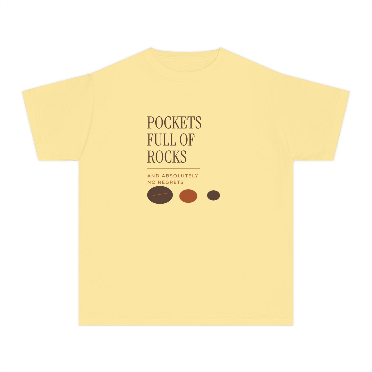 Pockets Full Of Rocks, printed on a youth tee in Butter