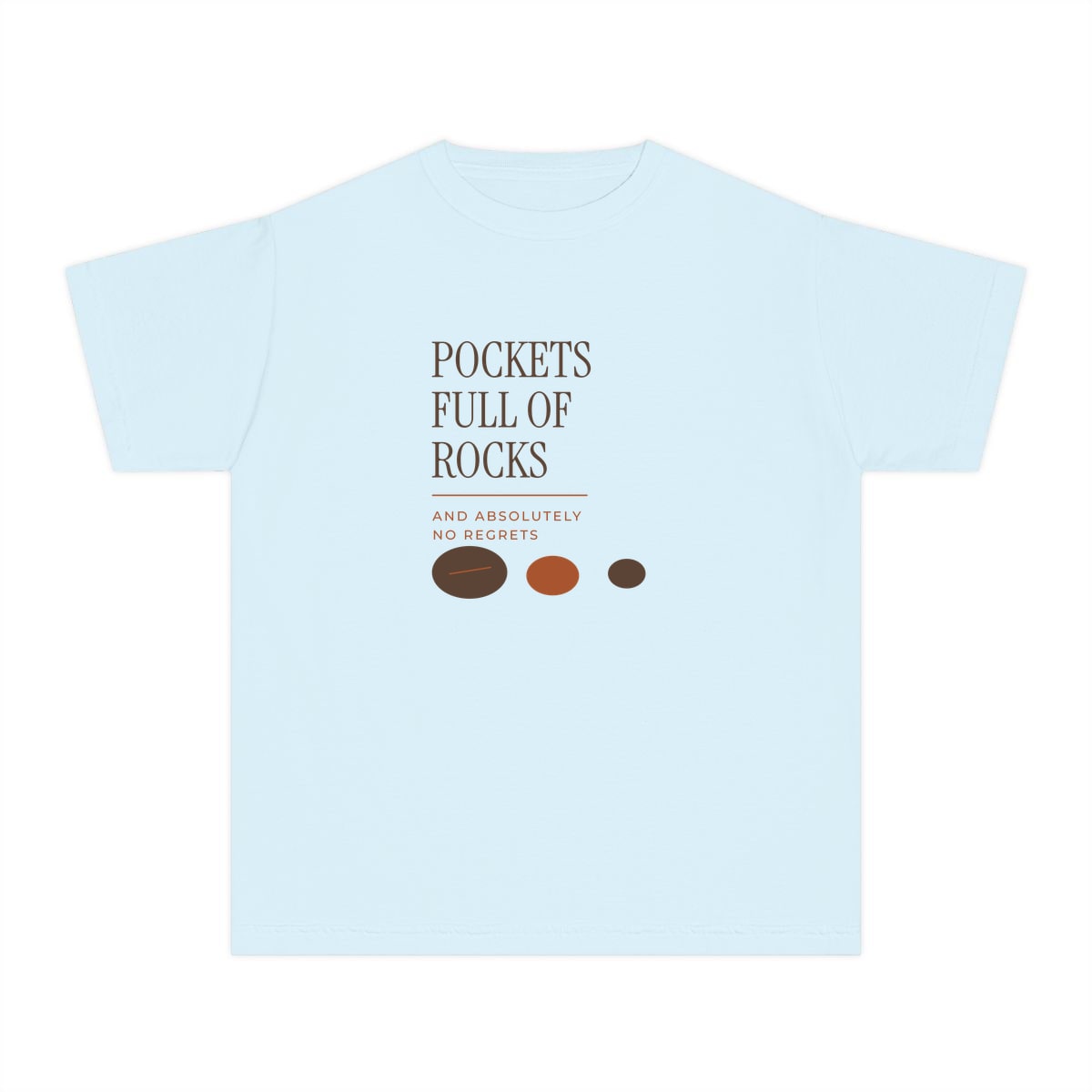 Pockets Full Of Rocks, printed on a youth tee in Chambray