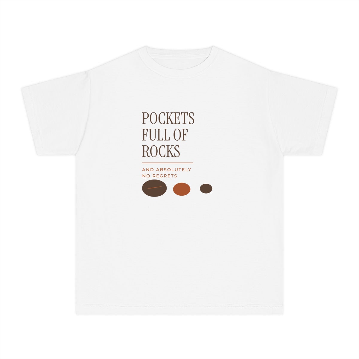 Pockets Full Of Rocks, printed on a youth tee in White